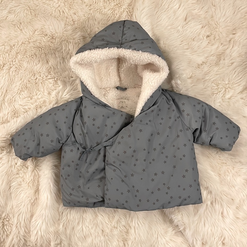 Zara Baby Girls Sherpa Lined Kimono Winter Jacket Star Print Hooded